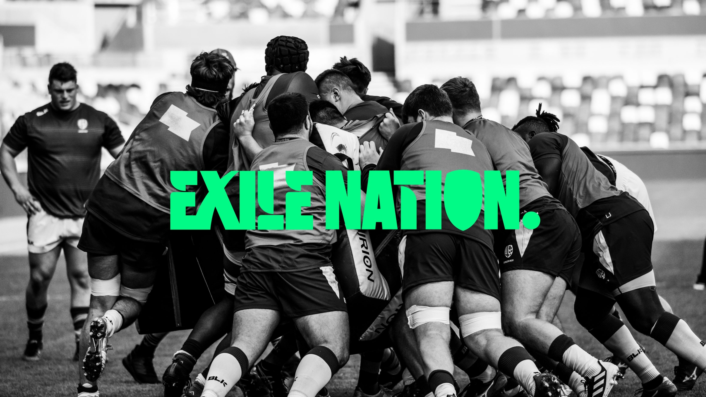 A black and white scrum with Exile Nation in bold neon green.
