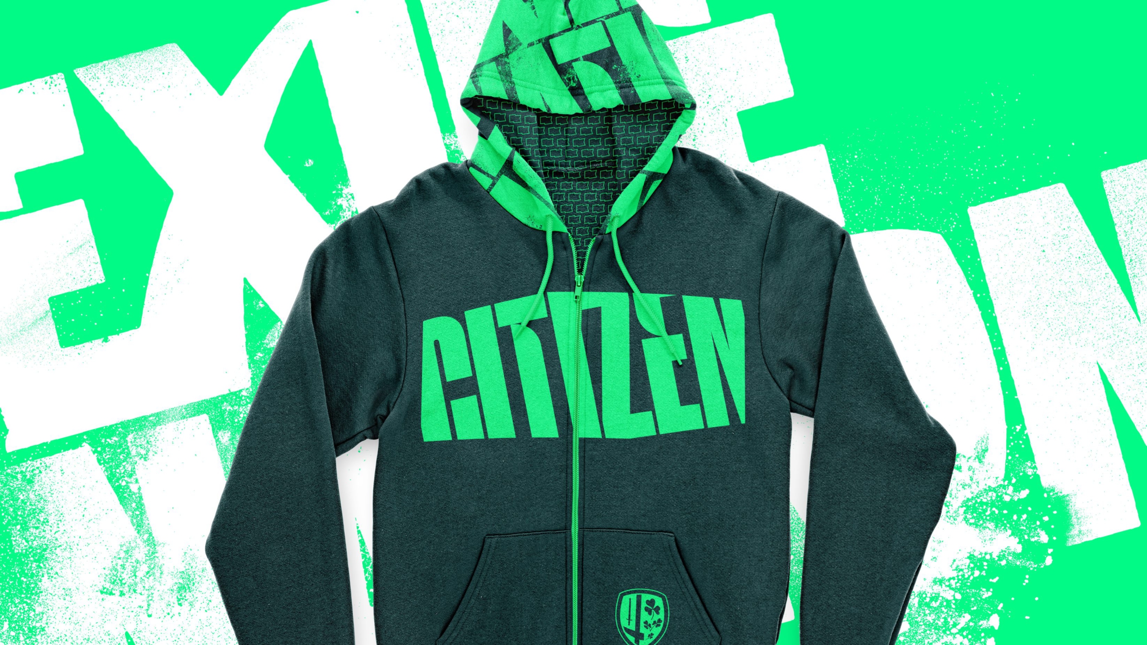 London Irish branded merchandise: a dark green hoodie with neon green &lsquo;citizen&rsquo; on the chest and a text-patterned hood