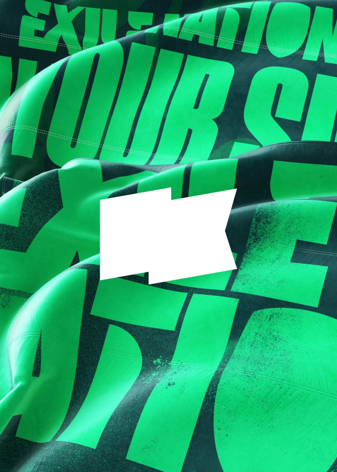 A rippling dark-green flag with neon green text in branded faded font and London Irish&rsquo;s characteristic flag logo overlayed in white