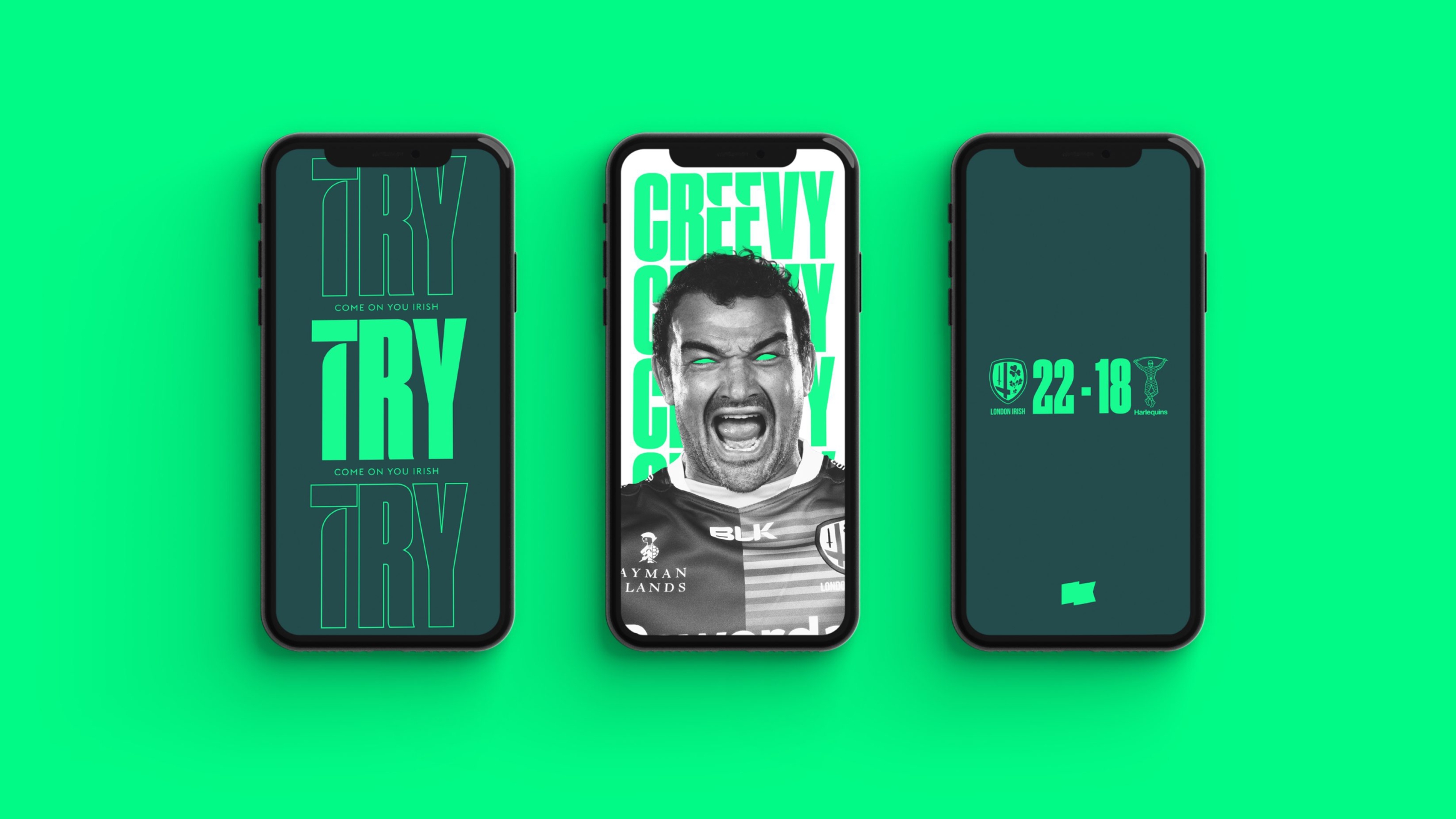 A triad of brand concepts on mobile devices using London Irish&rsquo;s green-on-green colours and themes of unity and passion
