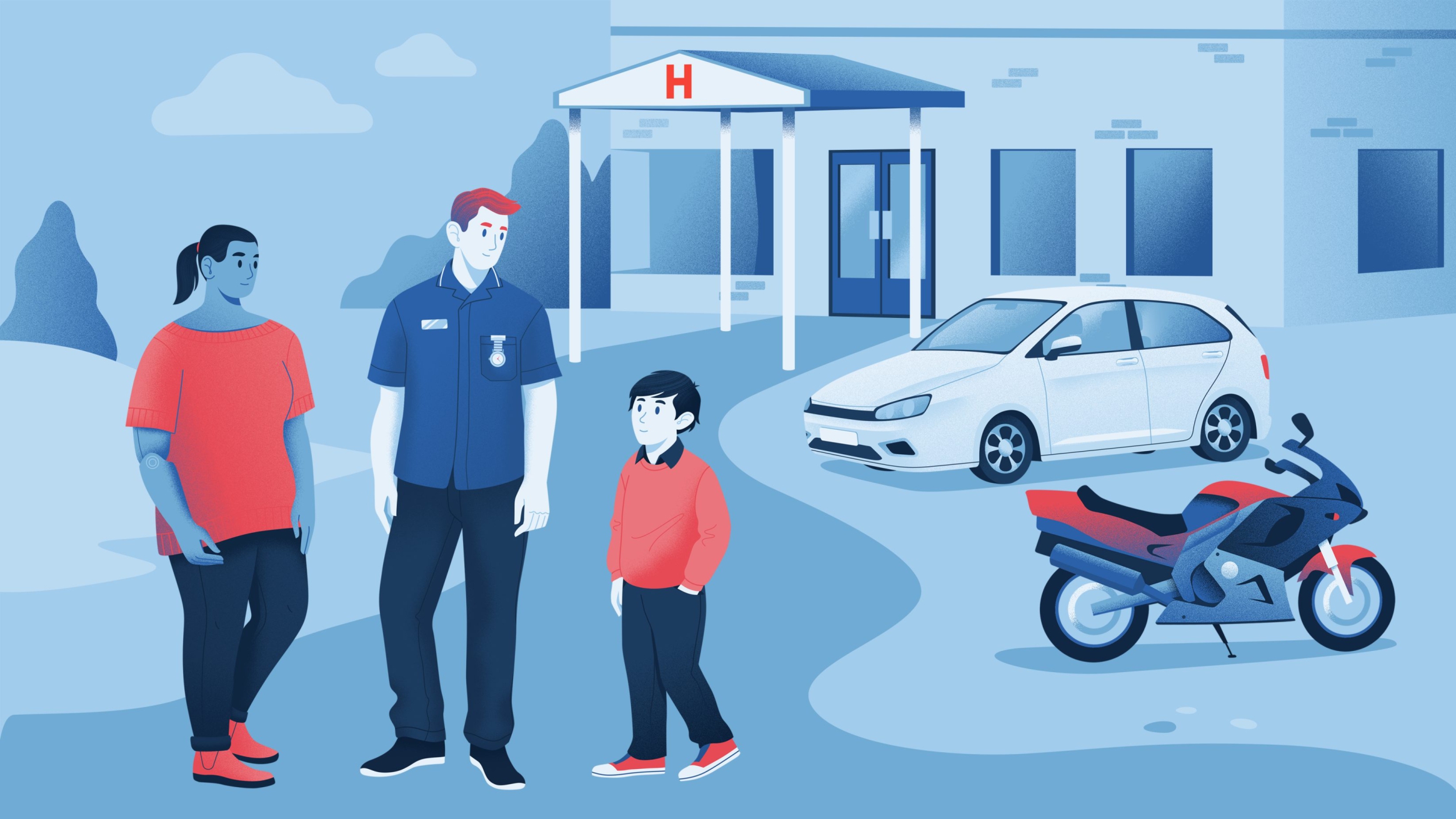 Illustration of a young boy outside a hospital, being supported by a medical team member and Helpforce volunteer