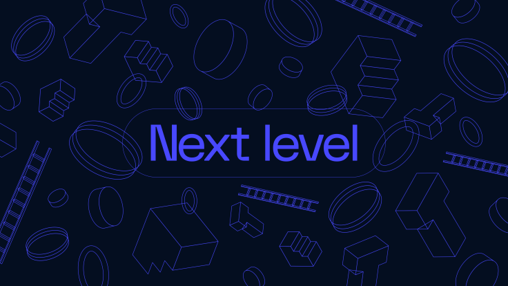Next Level text, with outline illustrations of graphic assets blocks