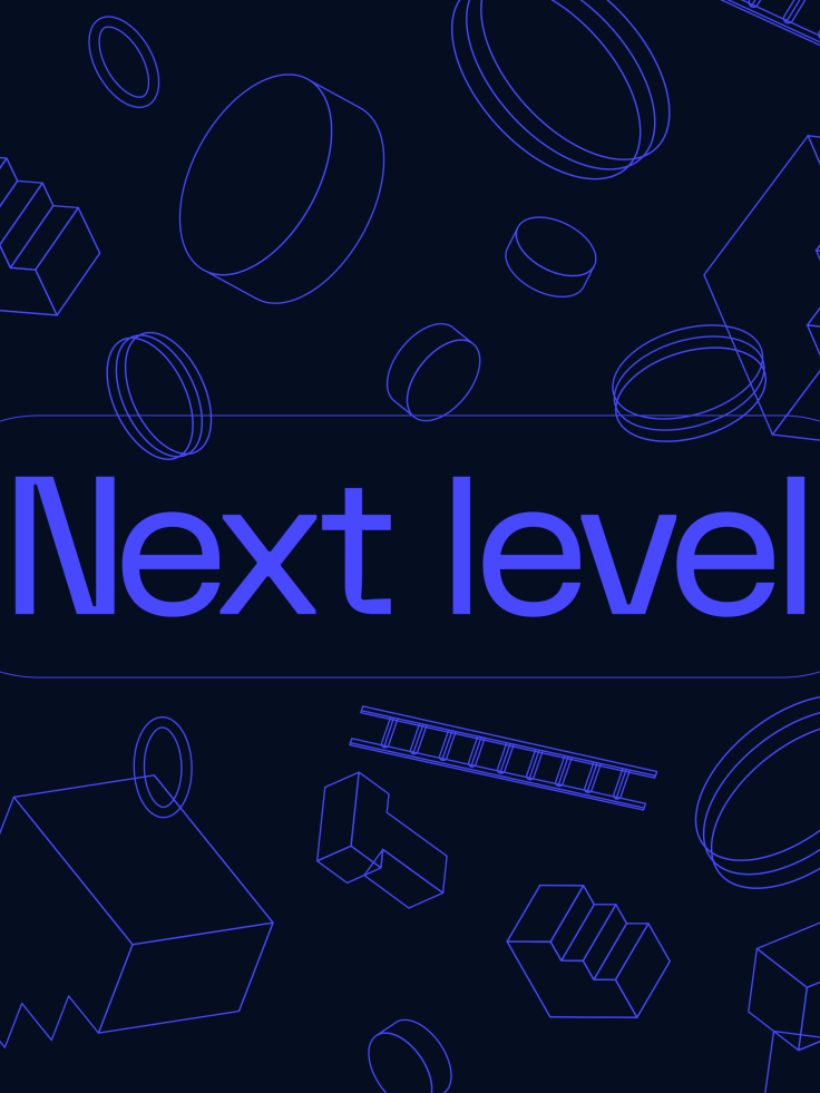 Next Level text, with outline illustrations of graphic assets blocks