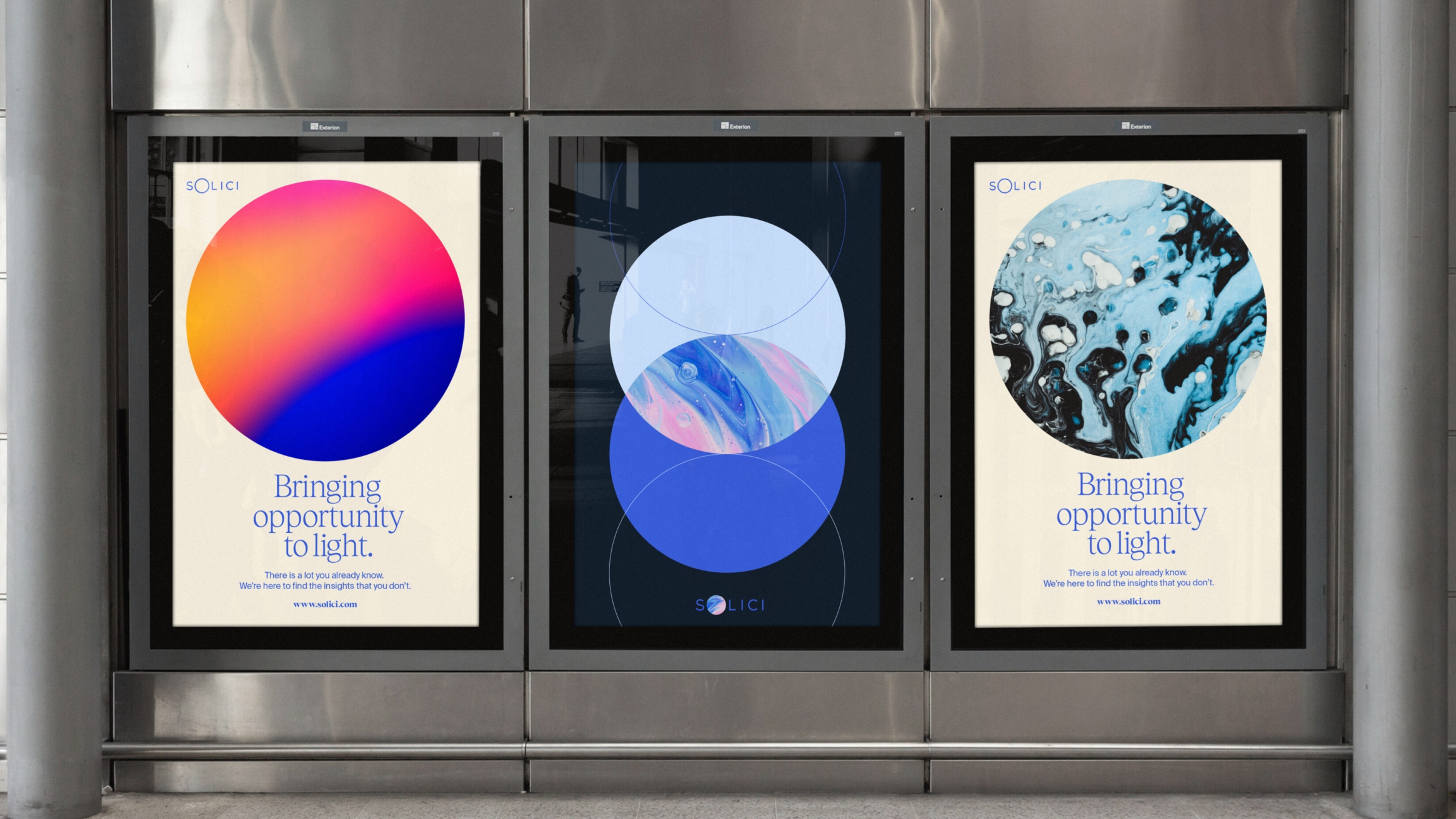 Three posters each featured circles of different fills, colours and textures. Solici. Bringing opportunity to light.