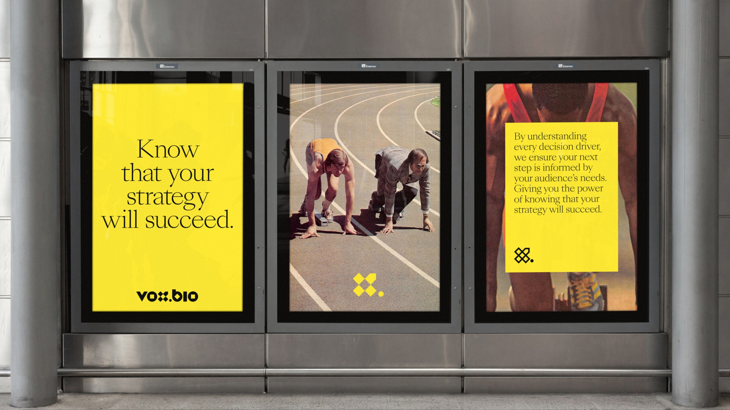Three portrait posters. The middle is a photograph of a man in athletic wear next to a man in sunglasses and a suit. Both are at the starting line poised for a sprint race. By understanding every decision driver, we ensure your next step is informed by your audience&rsquo;s needs. Giving you the power of knowing that your strategy will succeed.