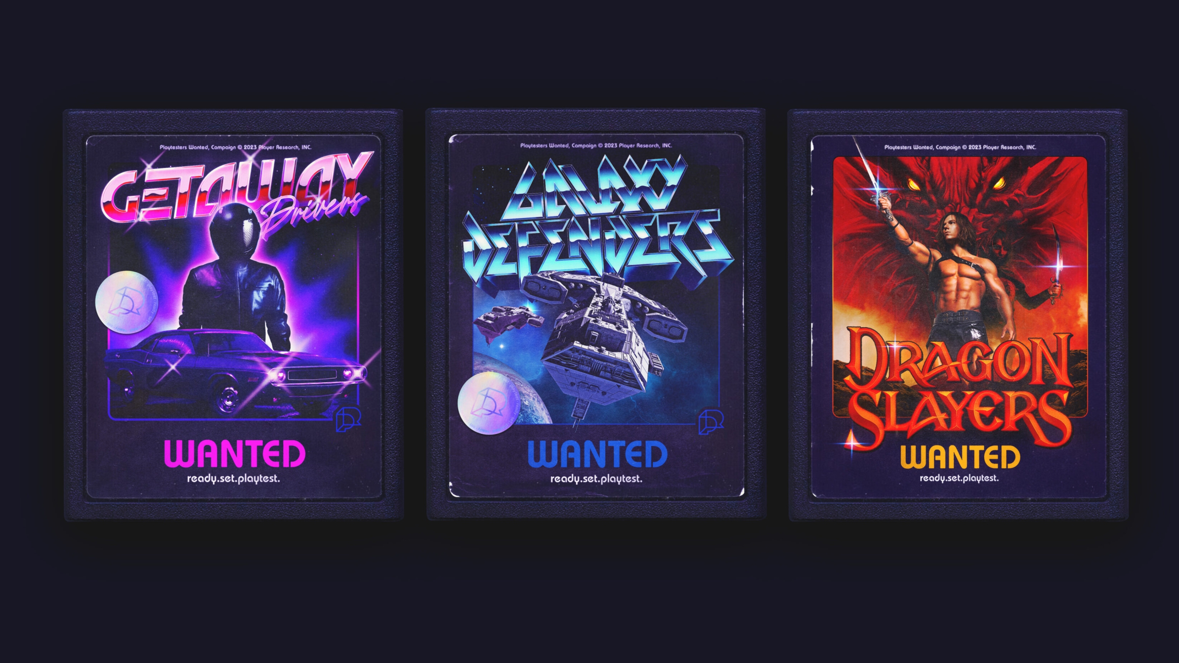 Three campaign visuals, each on an old school cassette cartridge