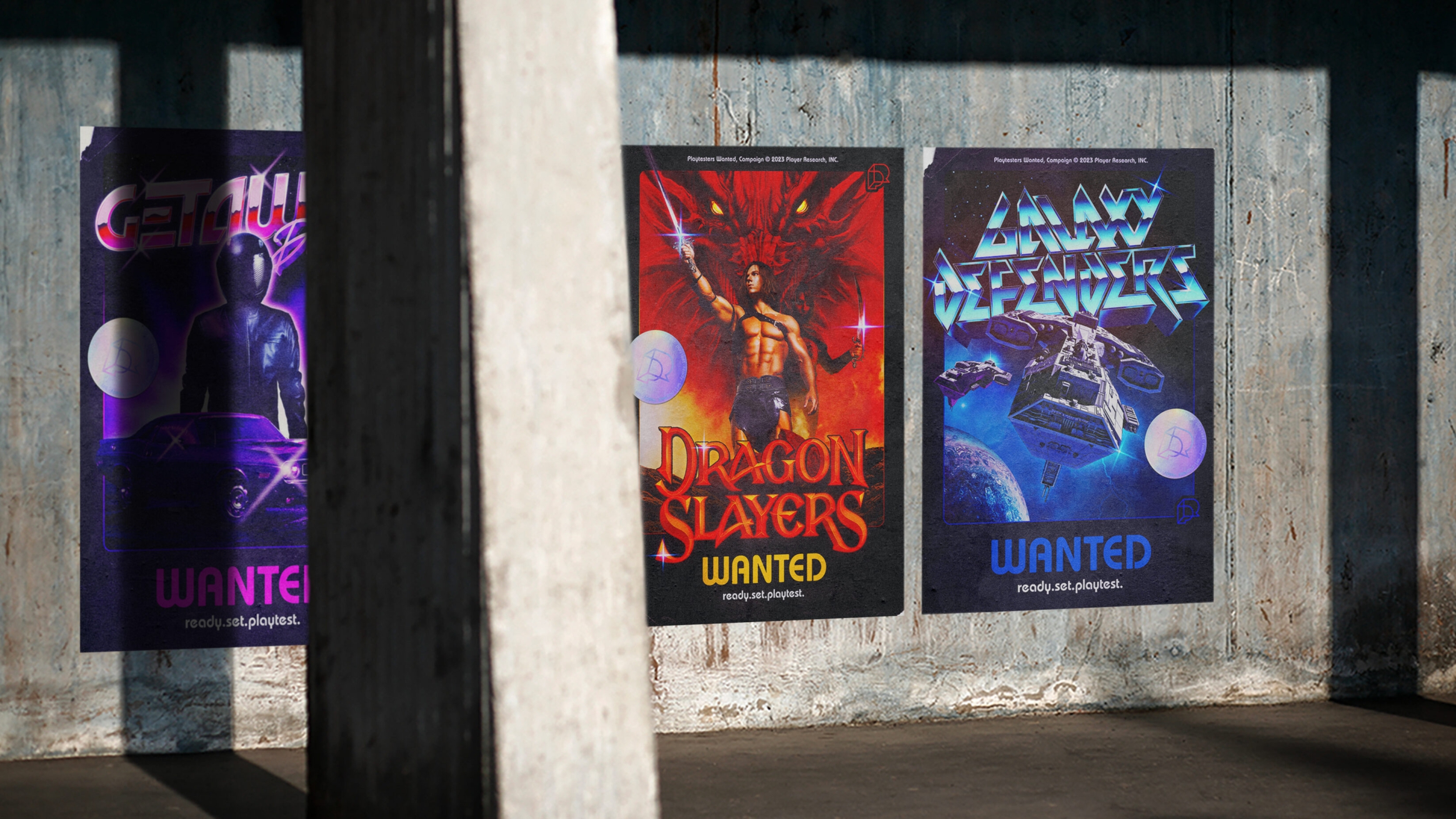 Three Playtesters Wanted campaign posters on a concrete wall