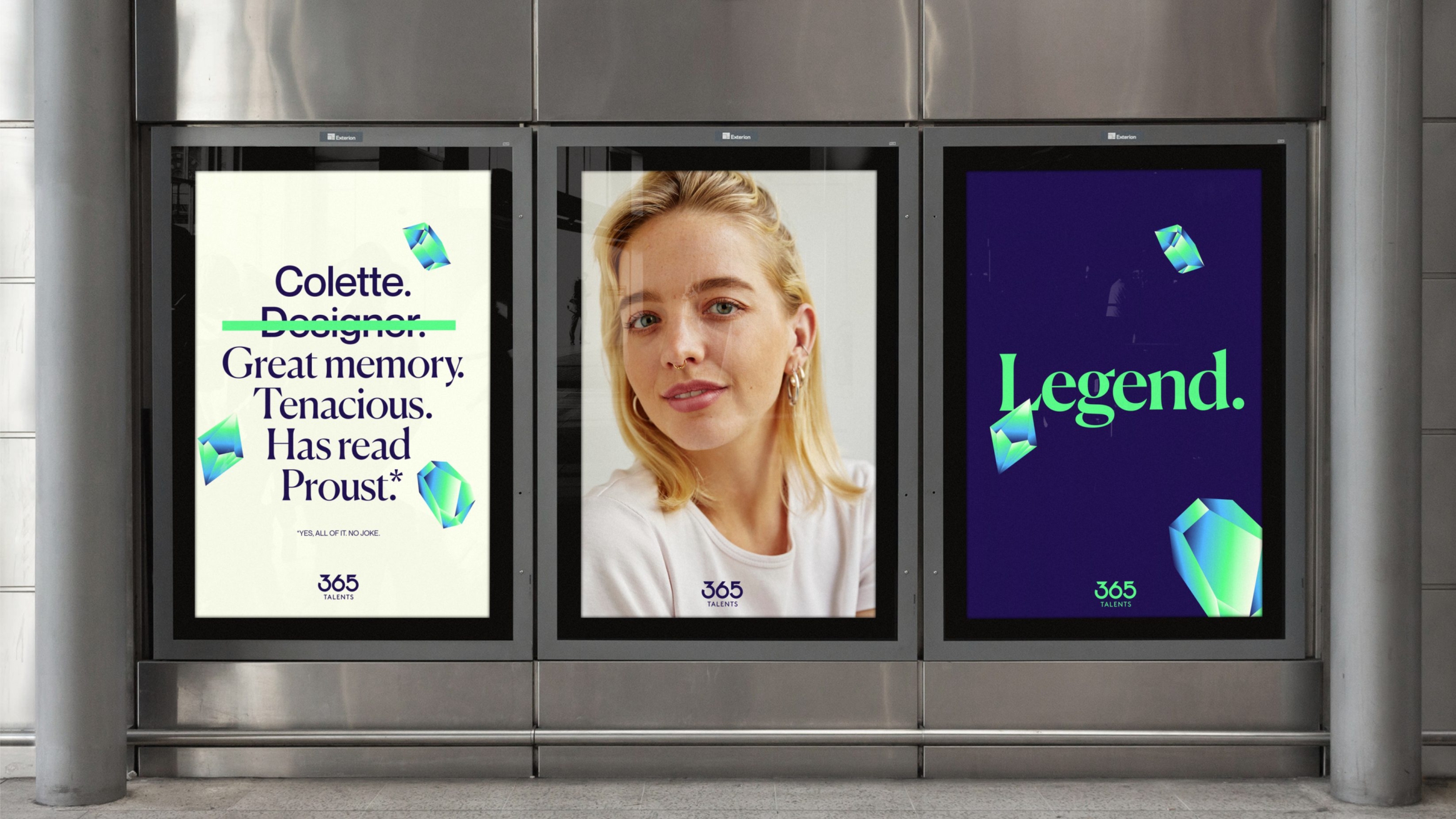 A triad of billboards focusing on a single individual, Colette. On the left, her name and personal qualities such as &lsquo;great memory&rsquo; and &lsquo;tenacious&rsquo; have been listed with her job title of designer crossed out. In the middle is her portrait and on the right is the singular word &lsquo;legend&rsquo;.
