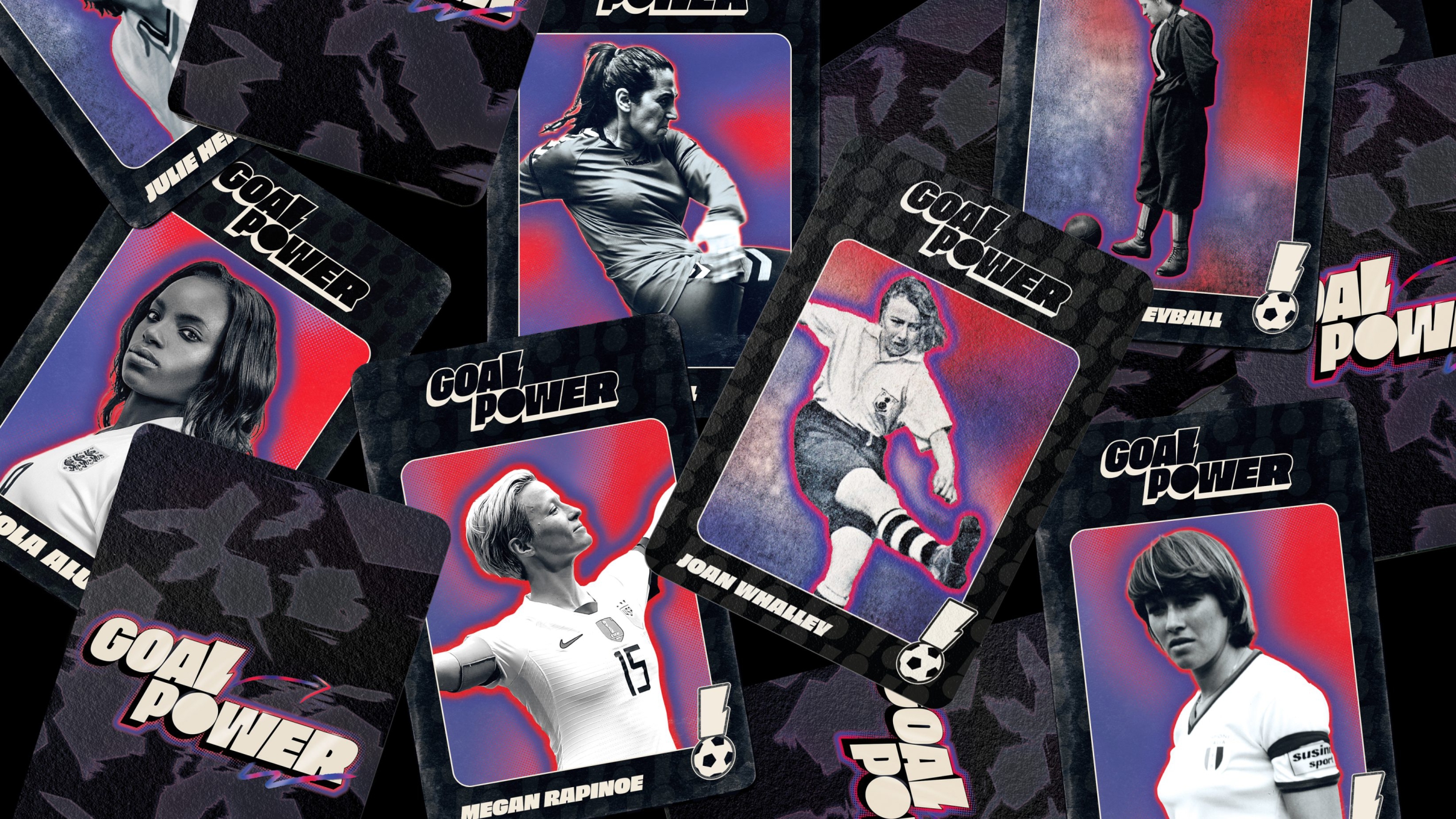 A scattering of Goal Power cards each focused on a singular player in front of a gradient background of red and purple.