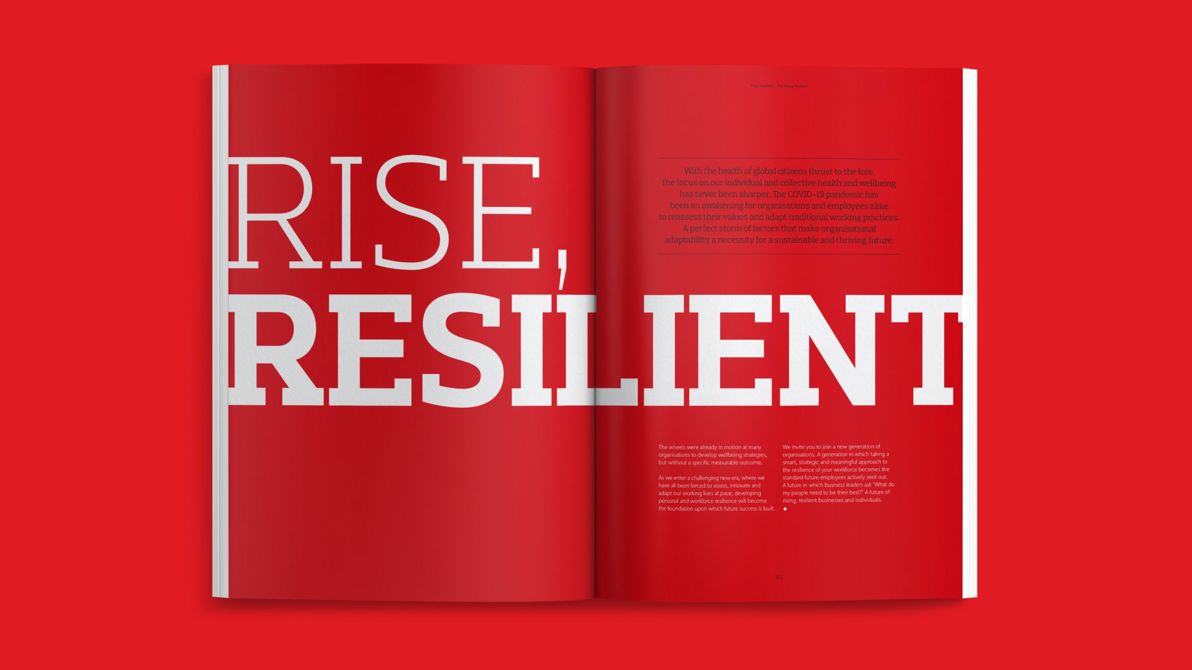 An open double-spread book with the words 'RISE, RESILIENT' in font large enough to fill the pages cover to cover