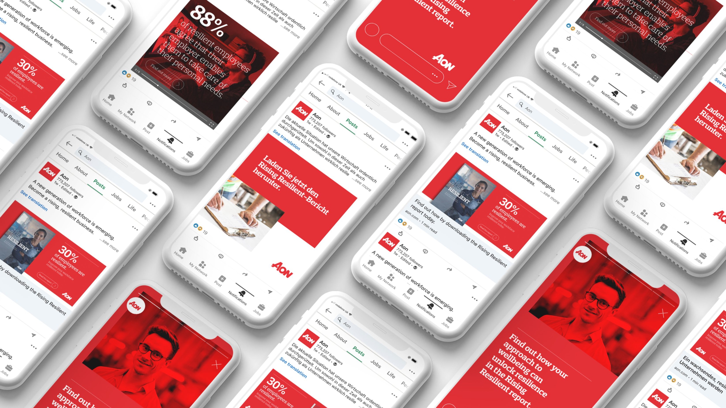 A diagonal set of multiple phones showcasing the website's content in it's multi-language translations